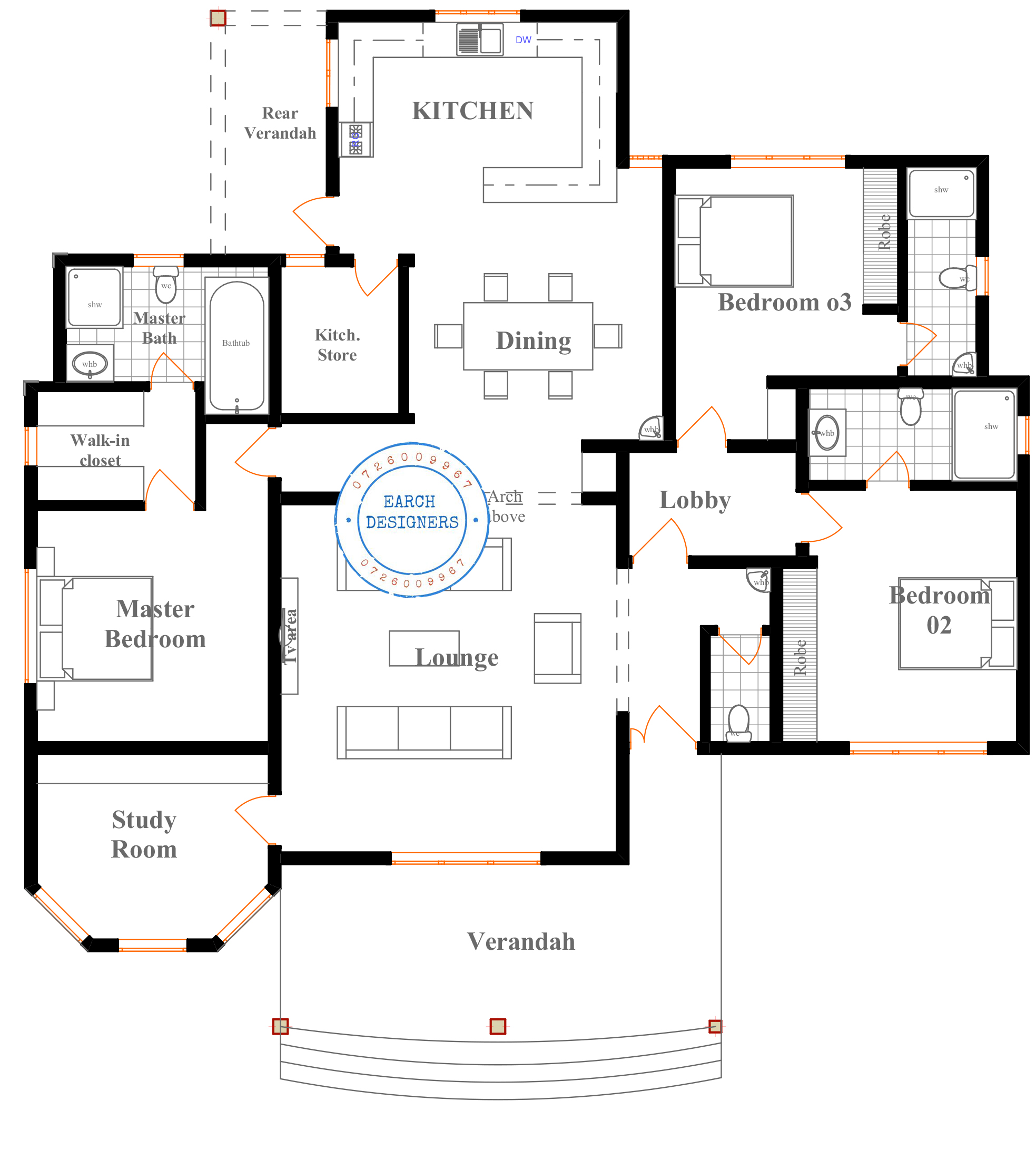 3 bedroom floor plan Bungalow (plan with measurement)