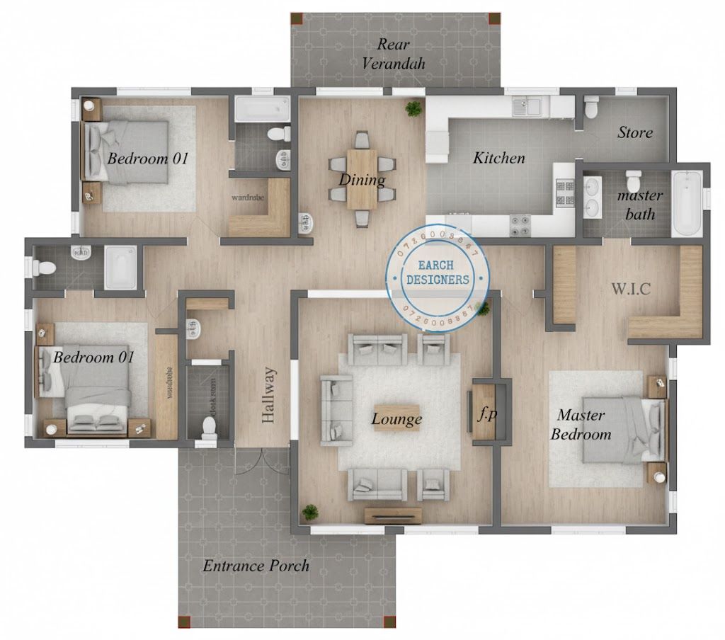 Modern 3-Bedroom Bungalow Floor Plan