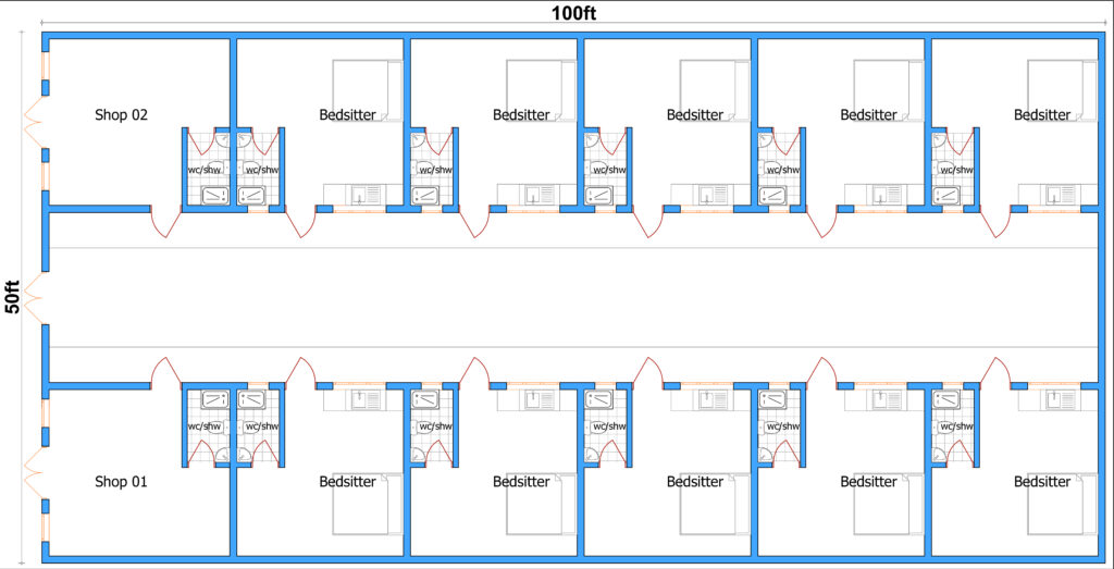 Bedsitter Units Floor Plan for 50×100