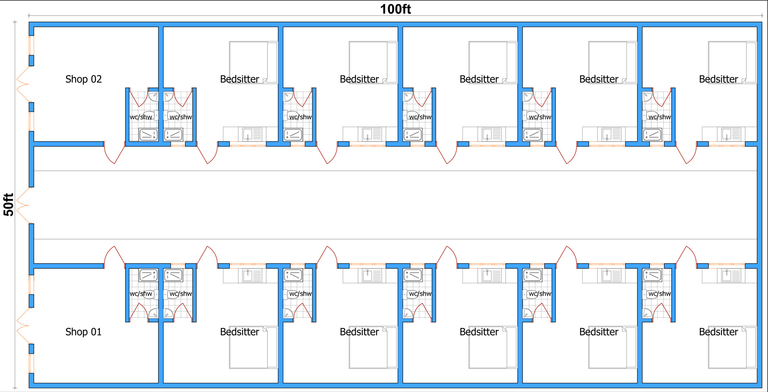 Bedsitter on a 50×100 plot.