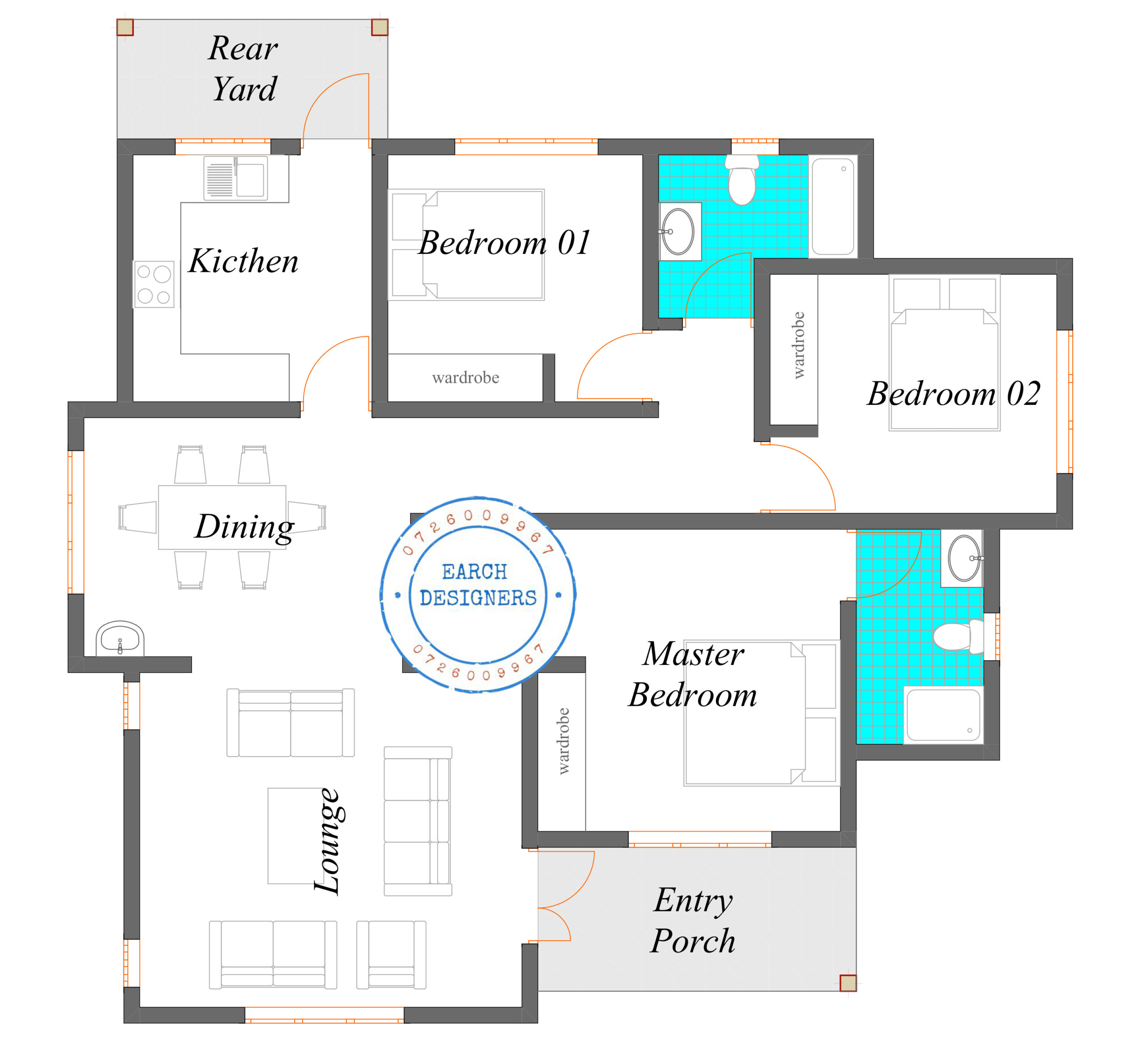 simple 3 bedroom Bungalow (plan with measurement)