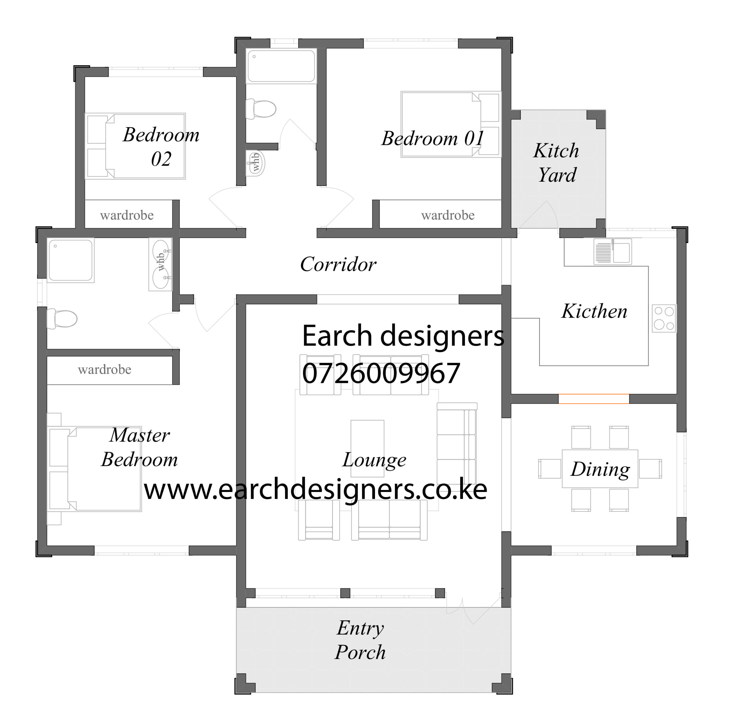 Modern 3 bedroom Bungalow Floor Plan (plan with measurement)