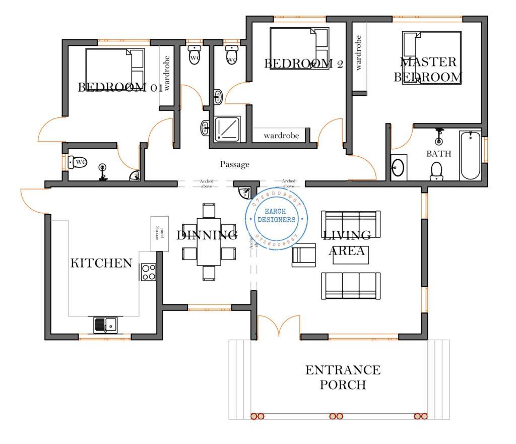 Simple 3 Bedroom Floor Plan for Rural Home