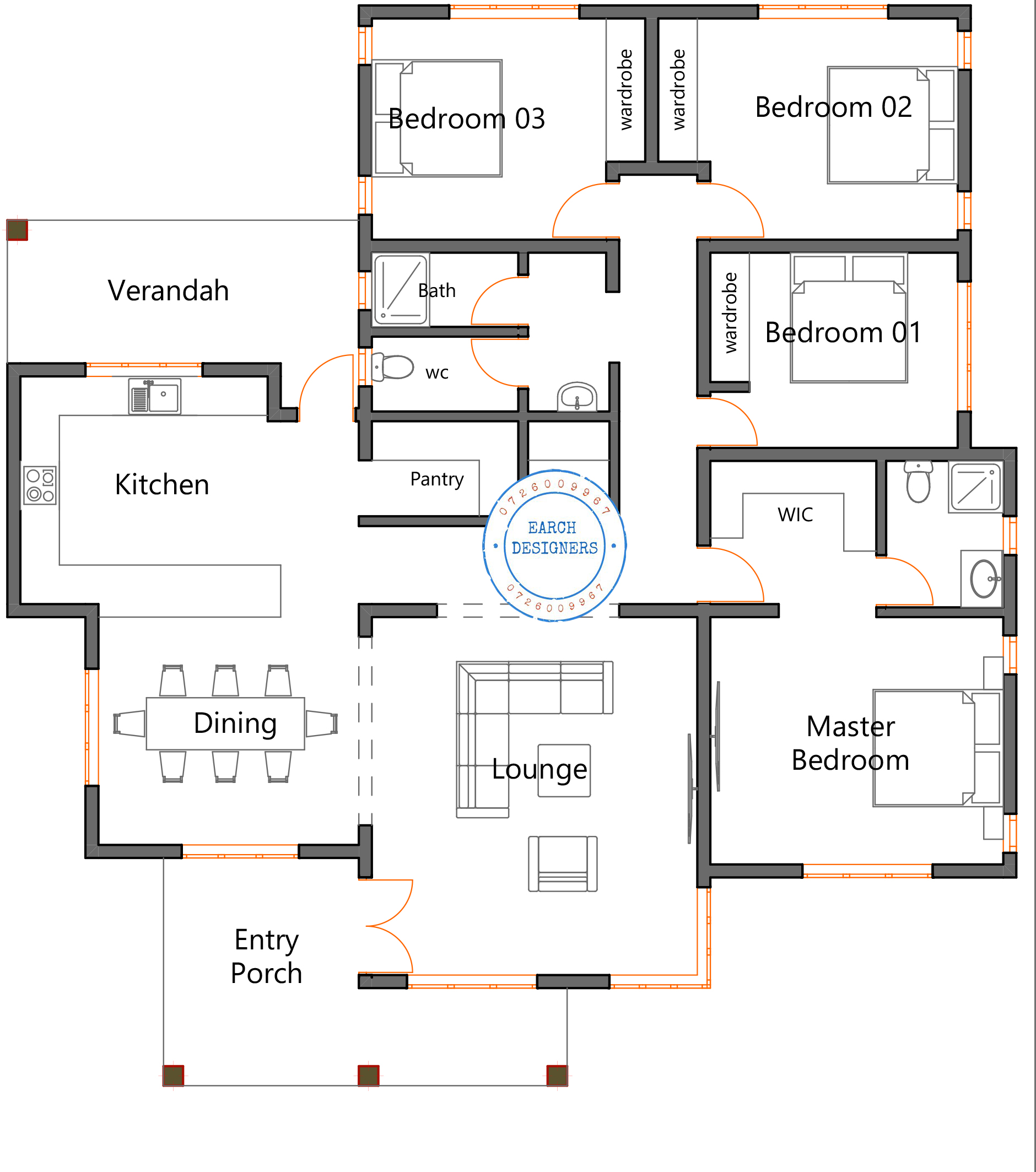 4 bedroom Bungalow floor plan with measurements